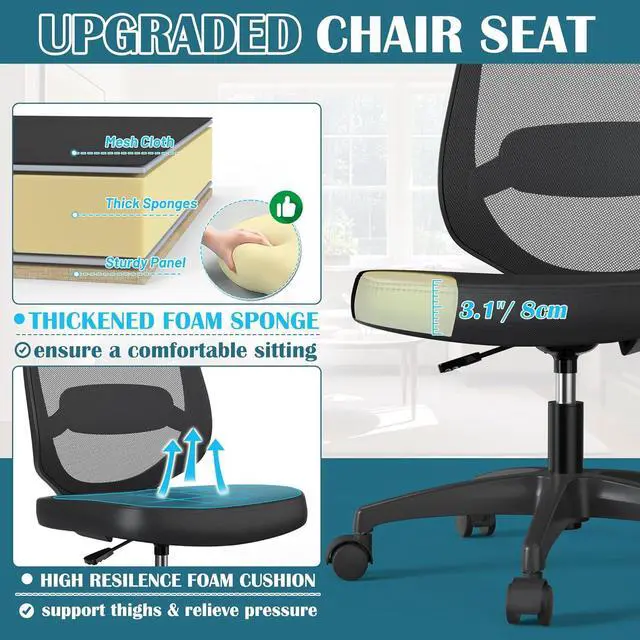 Alt view image 6 of 7 - Small Armless Mesh Office Computer Task Chair Without Arms with Adjustable Lumbar Support and Wheels for Adults and Kids