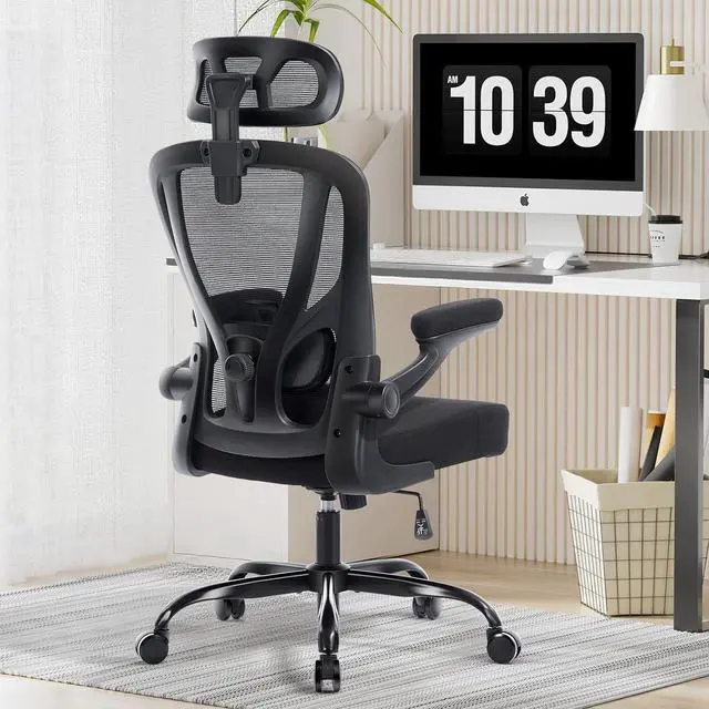 Main image of Office Chair Ergonomic Office Chair with Lumbar Support, Head Support, Rocking Function, FILP-up Armrests, Mesh High Back Chair Home Office Desk Chair, Suitable for Home, Office, Black