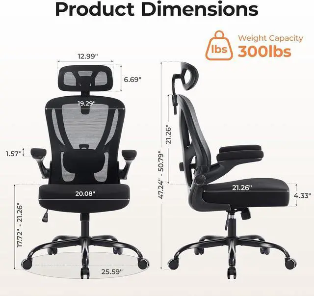 Alt view image 2 of 7 - Office Chair Ergonomic Office Chair with Lumbar Support, Head Support, Rocking Function, FILP-up Armrests, Mesh High Back Chair Home Office Desk Chair, Suitable for Home, Office, Black