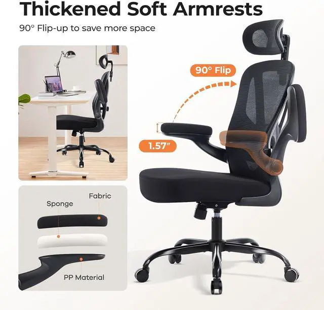 Alt view image 3 of 7 - Office Chair Ergonomic Office Chair with Lumbar Support, Head Support, Rocking Function, FILP-up Armrests, Mesh High Back Chair Home Office Desk Chair, Suitable for Home, Office, Black