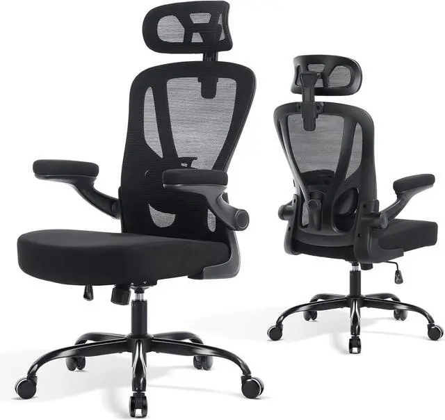 Alt view image 4 of 7 - Office Chair Ergonomic Office Chair with Lumbar Support, Head Support, Rocking Function, FILP-up Armrests, Mesh High Back Chair Home Office Desk Chair, Suitable for Home, Office, Black