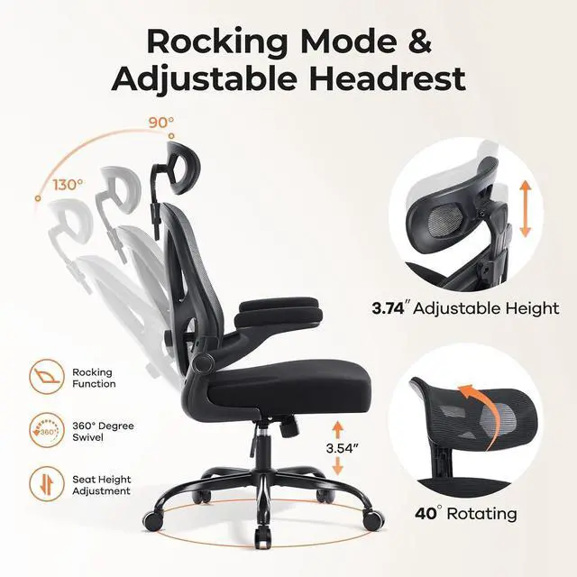 Alt view image 5 of 7 - Office Chair Ergonomic Office Chair with Lumbar Support, Head Support, Rocking Function, FILP-up Armrests, Mesh High Back Chair Home Office Desk Chair, Suitable for Home, Office, Black