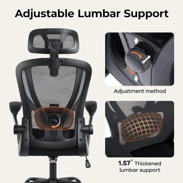 Alt view image 7 of 7 - Office Chair Ergonomic Office Chair with Lumbar Support, Head Support, Rocking Function, FILP-up Armrests, Mesh High Back Chair Home Office Desk Chair, Suitable for Home, Office, Black