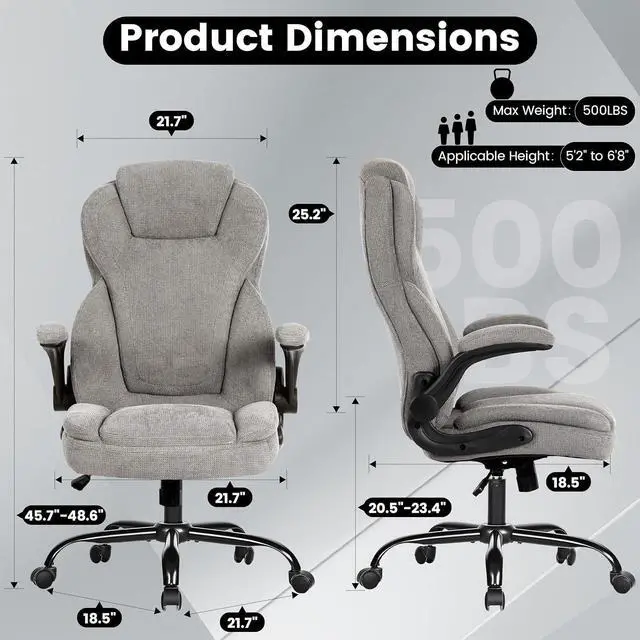 Alt view image 2 of 7 - 500LBS Big and Tall Fabric Office Chair for Heavy People, Ergonomic Heavy Duty Desk Chair with Large Seat, Breathable Gaming Chair, Double Cushion & Flip-Up Armrests & Adjustable Height, Greycloth
