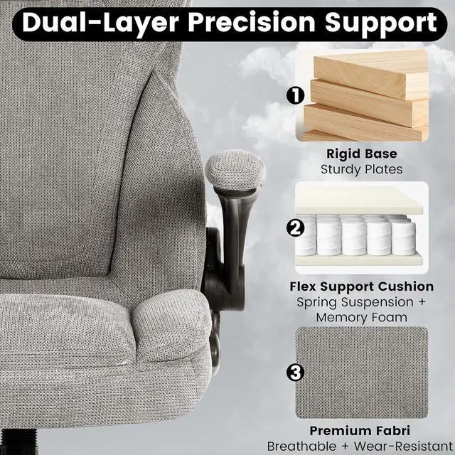 Alt view image 3 of 7 - 500LBS Big and Tall Fabric Office Chair for Heavy People, Ergonomic Heavy Duty Desk Chair with Large Seat, Breathable Gaming Chair, Double Cushion & Flip-Up Armrests & Adjustable Height, Greycloth