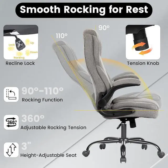 Alt view image 4 of 7 - 500LBS Big and Tall Fabric Office Chair for Heavy People, Ergonomic Heavy Duty Desk Chair with Large Seat, Breathable Gaming Chair, Double Cushion & Flip-Up Armrests & Adjustable Height, Greycloth