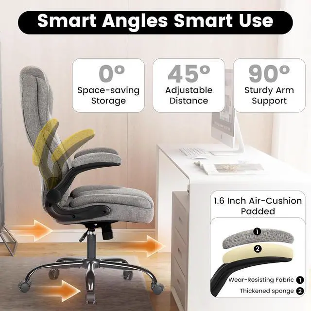 Alt view image 6 of 7 - 500LBS Big and Tall Fabric Office Chair for Heavy People, Ergonomic Heavy Duty Desk Chair with Large Seat, Breathable Gaming Chair, Double Cushion & Flip-Up Armrests & Adjustable Height, Greycloth