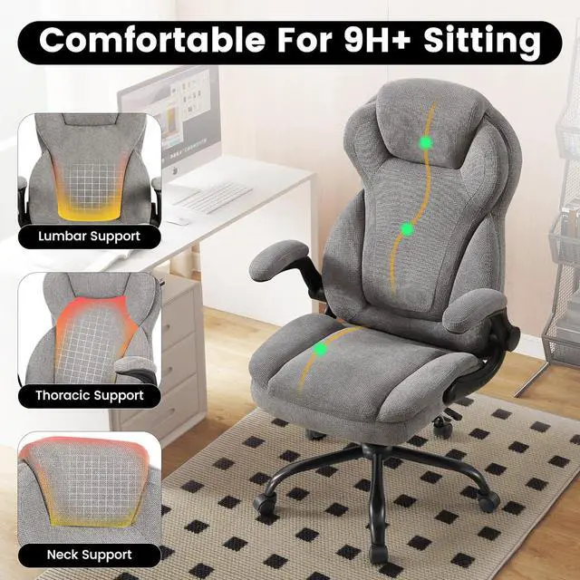 Alt view image 7 of 7 - 500LBS Big and Tall Fabric Office Chair for Heavy People, Ergonomic Heavy Duty Desk Chair with Large Seat, Breathable Gaming Chair, Double Cushion & Flip-Up Armrests & Adjustable Height, Greycloth