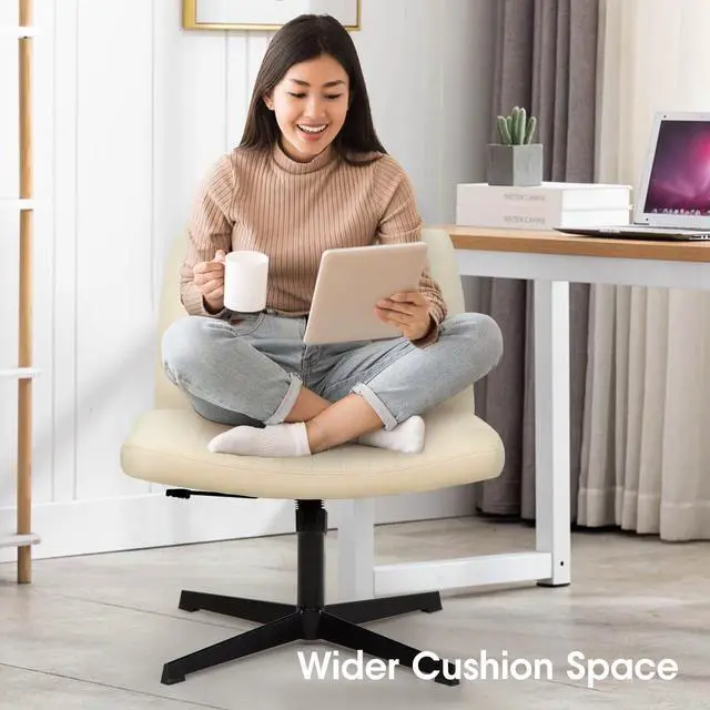 Alt view image 2 of 7 - PayLessHere Criss Cross Chair,Armless Cross Legged Office Chair,Wide Comfty Desk Chair with No Wheels Modern Height Adjustable,Swivel Fabric Vanity Chair Computer Task Chair (Pack of 1, Beige)