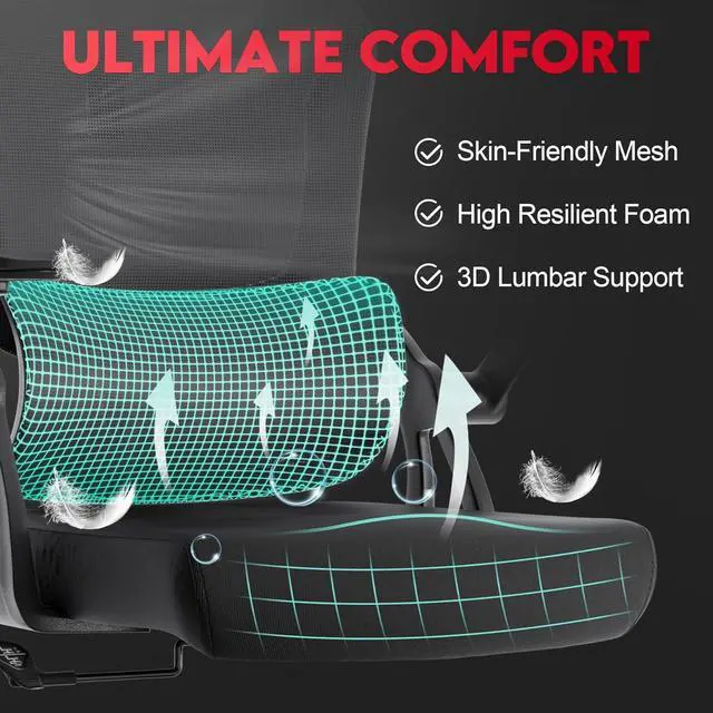 Alt view image 4 of 7 - Ergonomic Office Chair - 400LB Comfy Desk Chairs with Headrest and Lumbar Back Support, Heavy Duty Mesh Computer Chairs with Wheels and Arms for Home Office, Study, Bedroom and Dorm (04black)