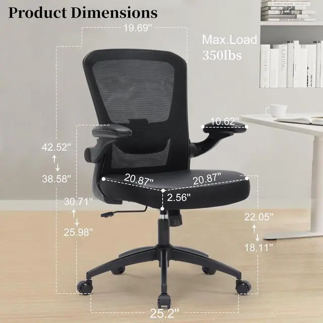 Alt view image 2 of 7 - Office Chair Ergonomic, 350lbs Desk Chair Comfy with PU Leather Seat Cushion, Mesh Swivel Computer Chair with Flip-up Armrests Lumbar Support and Height Adjustable for Home Office