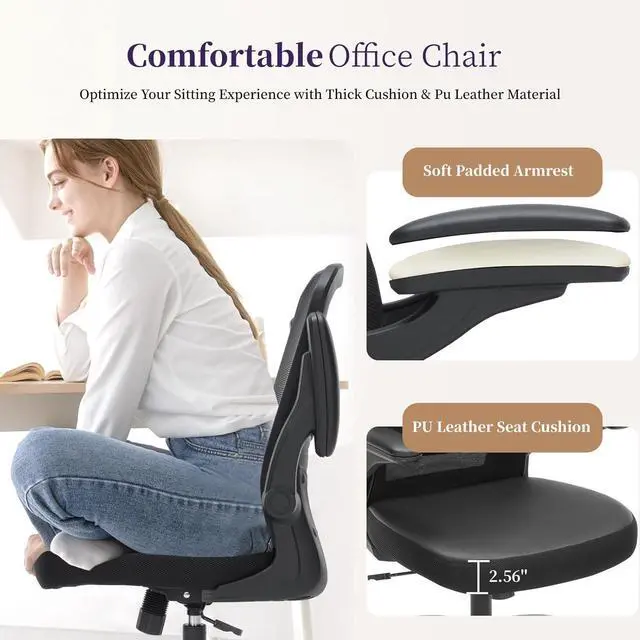 Alt view image 3 of 7 - Office Chair Ergonomic, 350lbs Desk Chair Comfy with PU Leather Seat Cushion, Mesh Swivel Computer Chair with Flip-up Armrests Lumbar Support and Height Adjustable for Home Office