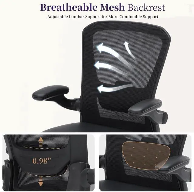 Alt view image 4 of 7 - Office Chair Ergonomic, 350lbs Desk Chair Comfy with PU Leather Seat Cushion, Mesh Swivel Computer Chair with Flip-up Armrests Lumbar Support and Height Adjustable for Home Office