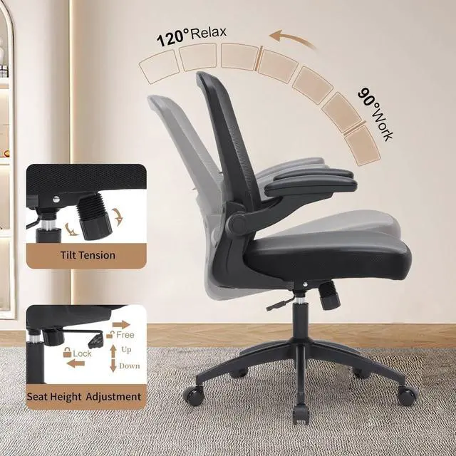 Alt view image 6 of 7 - Office Chair Ergonomic, 350lbs Desk Chair Comfy with PU Leather Seat Cushion, Mesh Swivel Computer Chair with Flip-up Armrests Lumbar Support and Height Adjustable for Home Office
