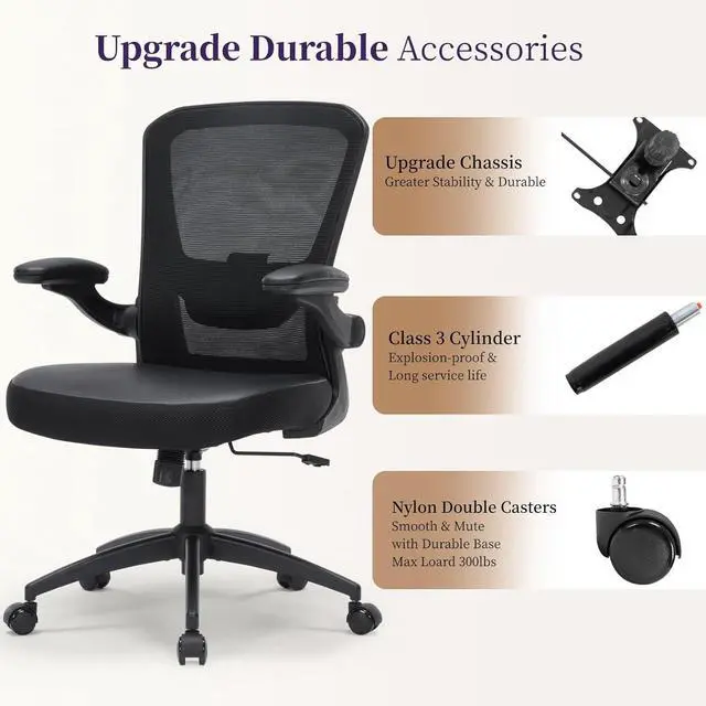 Alt view image 7 of 7 - Office Chair Ergonomic, 350lbs Desk Chair Comfy with PU Leather Seat Cushion, Mesh Swivel Computer Chair with Flip-up Armrests Lumbar Support and Height Adjustable for Home Office