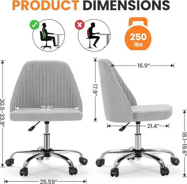 Alt view image 2 of 7 - Simple Deluxe Armless Office Desk Chair, Modern Cute Swivel Vanity Chair Comfy Home Office Chairs with Wheels Height Adjustable Rolling Computer Task Stools for Living Room, Make-up, Bedroom, Grey