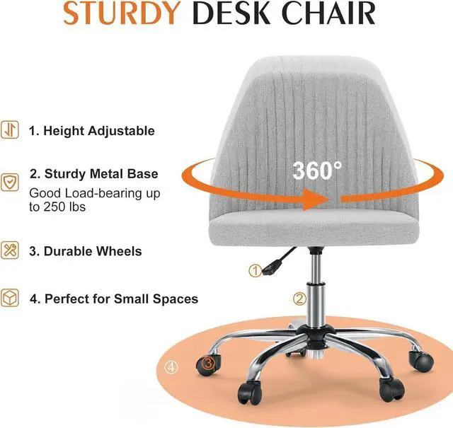 Alt view image 4 of 7 - Simple Deluxe Armless Office Desk Chair, Modern Cute Swivel Vanity Chair Comfy Home Office Chairs with Wheels Height Adjustable Rolling Computer Task Stools for Living Room, Make-up, Bedroom, Grey