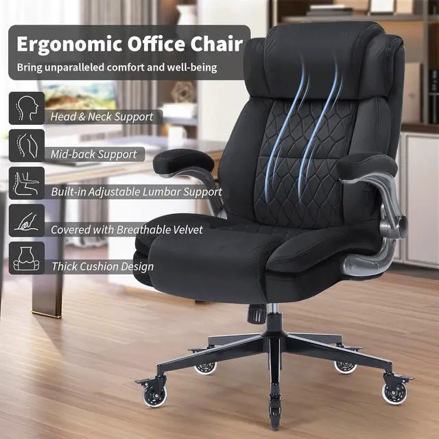 Alt view image 3 of 7 - Fabric High Back Office Chair 400lbs-Adjustable Built-in Lumbar SupportFlip Arms, Locking Wheels-Ergonomic Computer Desk Chair with Heavy Duty BaseThick Padded Large Work Chairs for Adults Men Women
