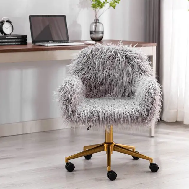 Alt view image 2 of 7 - Fluffy Fuzzy Desk Chair Cute Faux Fur Vanity Chair Height Adjustable Swivel Accent Chair Small Home Office Desk Chair with Golden Base
