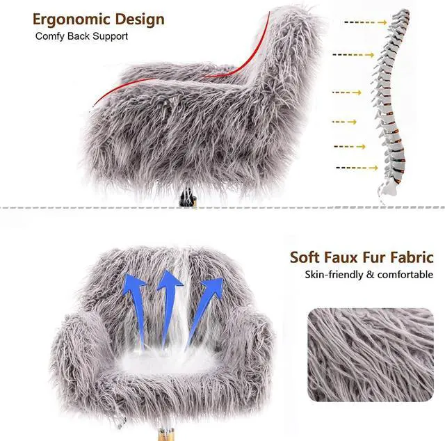 Alt view image 3 of 7 - Fluffy Fuzzy Desk Chair Cute Faux Fur Vanity Chair Height Adjustable Swivel Accent Chair Small Home Office Desk Chair with Golden Base