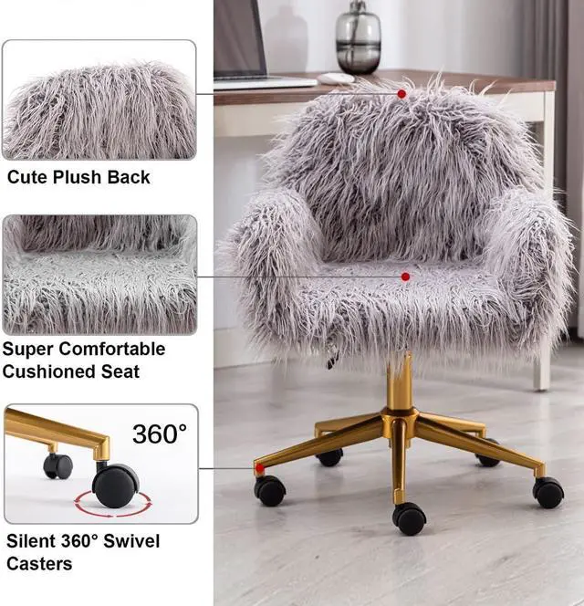 Alt view image 4 of 7 - Fluffy Fuzzy Desk Chair Cute Faux Fur Vanity Chair Height Adjustable Swivel Accent Chair Small Home Office Desk Chair with Golden Base