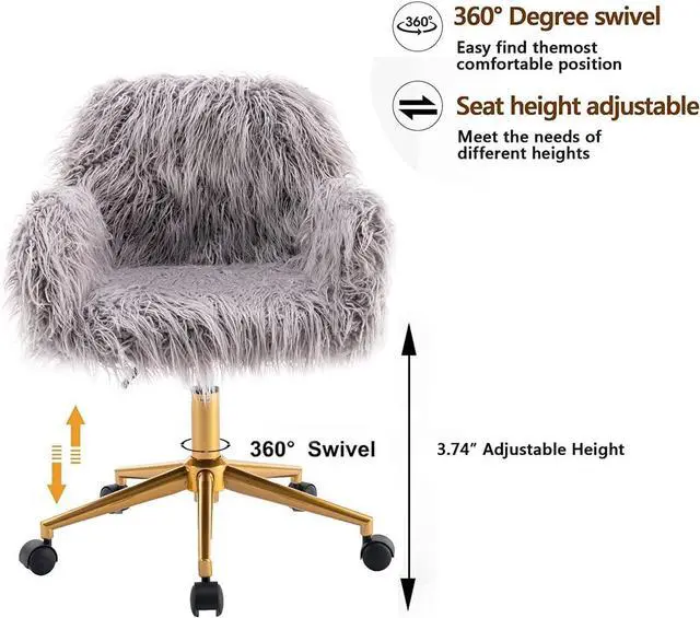 Alt view image 5 of 7 - Fluffy Fuzzy Desk Chair Cute Faux Fur Vanity Chair Height Adjustable Swivel Accent Chair Small Home Office Desk Chair with Golden Base