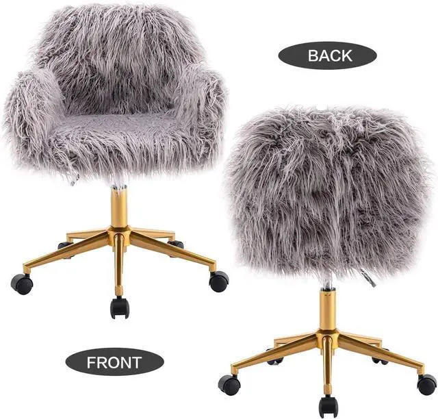 Alt view image 6 of 7 - Fluffy Fuzzy Desk Chair Cute Faux Fur Vanity Chair Height Adjustable Swivel Accent Chair Small Home Office Desk Chair with Golden Base