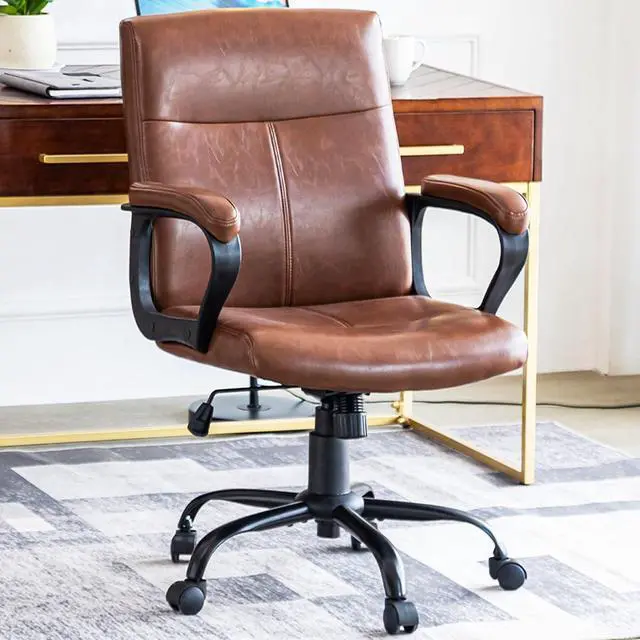 Main image of DYHOME Leather Office Chair Brown Desk Chair with Armrest, Ergonomic Computer Chair Mid Back, Mid Century Modern Home Office Desk Chair with 30° Tilting Backrest, Capacity 400lbs