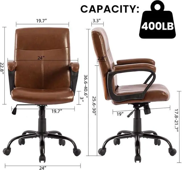 Alt view image 2 of 7 - DYHOME Leather Office Chair Brown Desk Chair with Armrest, Ergonomic Computer Chair Mid Back, Mid Century Modern Home Office Desk Chair with 30° Tilting Backrest, Capacity 400lbs