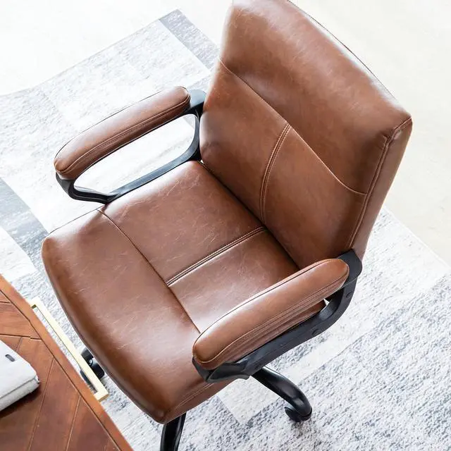 Alt view image 3 of 7 - DYHOME Leather Office Chair Brown Desk Chair with Armrest, Ergonomic Computer Chair Mid Back, Mid Century Modern Home Office Desk Chair with 30° Tilting Backrest, Capacity 400lbs