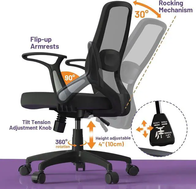 Alt view image 5 of 6 - Swviel Mesh Home Office Chair Adjustbale Height with Flip Up Arms and Lumbar Support for Adult and Child