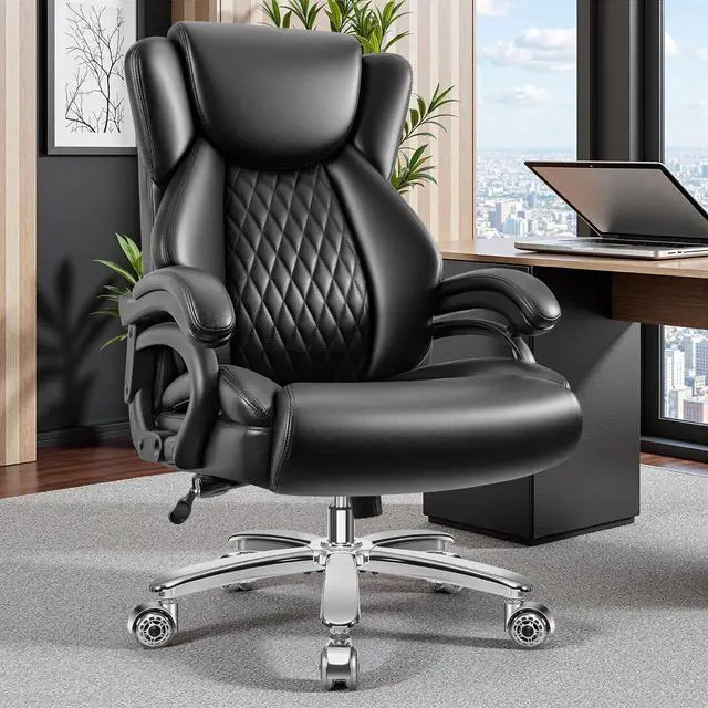 Alt view image 2 of 7 - Big and Tall Office Chair, 500lbs Capacity, Black Leather, High Back, Extra Wide Seat, Ergonomic, Adjustable Lumbar Support, Metal Base & Wheels, Black