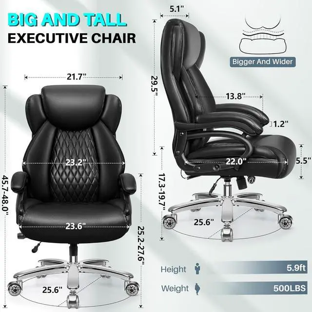 Alt view image 3 of 7 - Big and Tall Office Chair, 500lbs Capacity, Black Leather, High Back, Extra Wide Seat, Ergonomic, Adjustable Lumbar Support, Metal Base & Wheels, Black