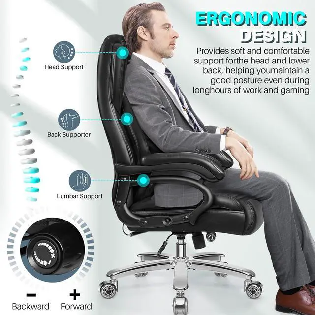 Alt view image 4 of 7 - Big and Tall Office Chair, 500lbs Capacity, Black Leather, High Back, Extra Wide Seat, Ergonomic, Adjustable Lumbar Support, Metal Base & Wheels, Black