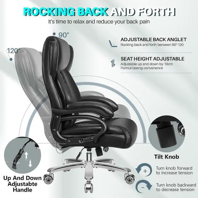 Alt view image 5 of 7 - Big and Tall Office Chair, 500lbs Capacity, Black Leather, High Back, Extra Wide Seat, Ergonomic, Adjustable Lumbar Support, Metal Base & Wheels, Black
