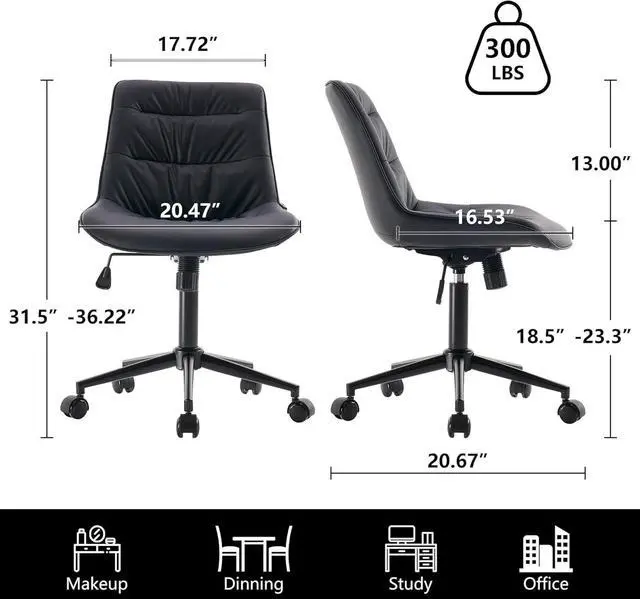 Alt view image 2 of 7 - Kidol & Shellder Faux Leather Office Chair, Adjustable Swivel Height Task Chair, Rolling Wheels & Soft Backrest - Armless Ergonomic Desk Chair for Home, Office,Vanity,GamingBlack