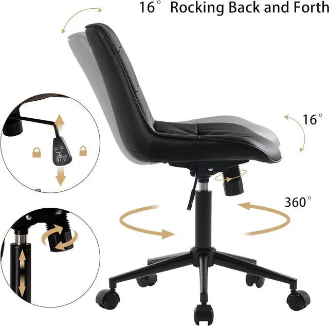 Alt view image 3 of 7 - Kidol & Shellder Faux Leather Office Chair, Adjustable Swivel Height Task Chair, Rolling Wheels & Soft Backrest - Armless Ergonomic Desk Chair for Home, Office,Vanity,GamingBlack
