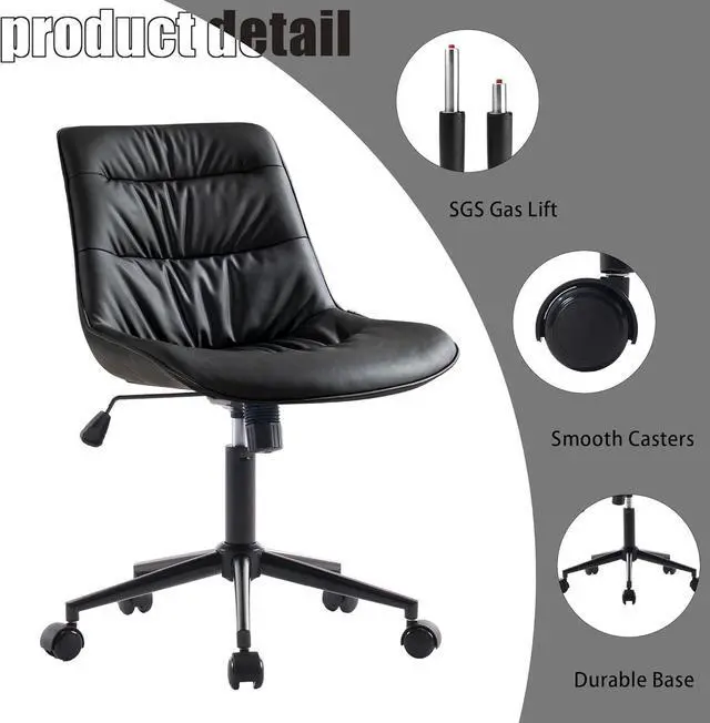 Alt view image 5 of 7 - Kidol & Shellder Faux Leather Office Chair, Adjustable Swivel Height Task Chair, Rolling Wheels & Soft Backrest - Armless Ergonomic Desk Chair for Home, Office,Vanity,GamingBlack