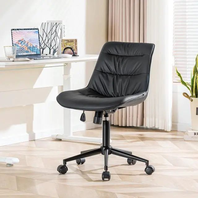Alt view image 6 of 7 - Kidol & Shellder Faux Leather Office Chair, Adjustable Swivel Height Task Chair, Rolling Wheels & Soft Backrest - Armless Ergonomic Desk Chair for Home, Office,Vanity,GamingBlack