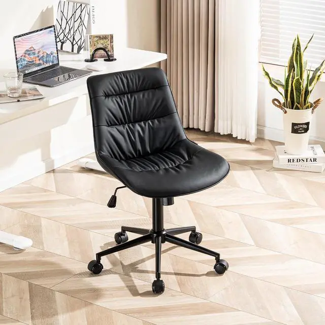 Alt view image 7 of 7 - Kidol & Shellder Faux Leather Office Chair, Adjustable Swivel Height Task Chair, Rolling Wheels & Soft Backrest - Armless Ergonomic Desk Chair for Home, Office,Vanity,GamingBlack