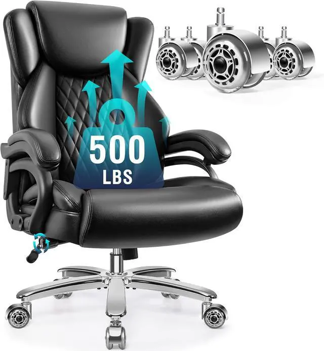 Main image of Big and Tall Office Chair, 500lbs Capacity, Black Leather, High Back, Extra Wide Seat, Ergonomic, Adjustable Lumbar Support, Metal Base & Wheels, Black