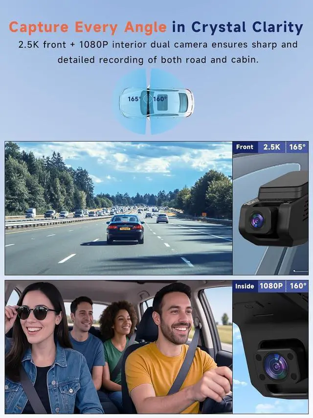 Alt view image 3 of 7 - Dash Cam Front and Inside, 2.5K+1080P Dual Camera for Cars, Hidden Car Camera Front and Interior with Super Night Vision, 4 IR LEDs, G-Sensor, 24H Parking Mode, Loop Recording, 32GB Card Included