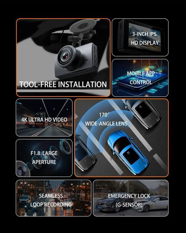Alt view image 2 of 7 - Dash Cam Front and Rear, Dash Camera for Cars 4K+1080, Dashcam Built-in WiFi, APP Control, 32GB Card Included, 3" IPS Touch Screen, 24H Parking Monitor, Night Vision, G-Sensor