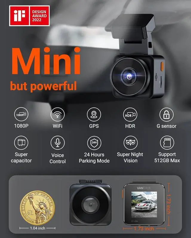 Alt view image 2 of 7 - Vantrue E1 Lite 1080P WiFi Mini Dash Cam with GPS and Speed, Free App, Voice Control Detachable Dash Camera, 24 Hours Parking Mode, Night Vision, Motion Detection, Loop Recording, Support 512GB Max