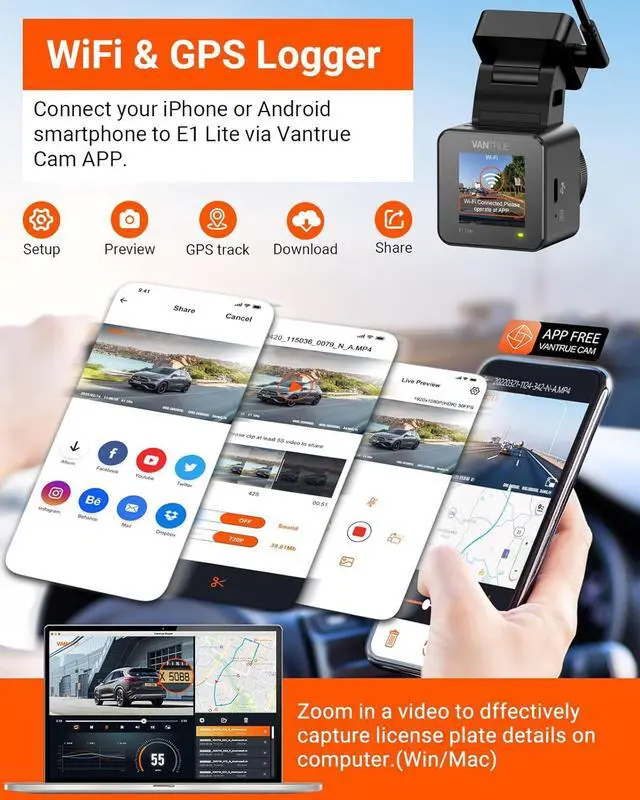 Alt view image 4 of 7 - Vantrue E1 Lite 1080P WiFi Mini Dash Cam with GPS and Speed, Free App, Voice Control Detachable Dash Camera, 24 Hours Parking Mode, Night Vision, Motion Detection, Loop Recording, Support 512GB Max