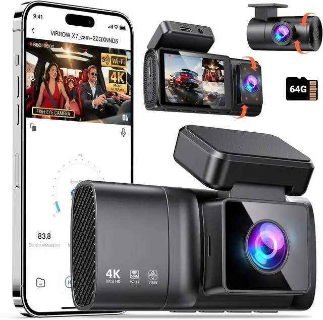 Main image of Dash Cam Front Rear and Inside: 3 Channel 4K Dash Camera with 5GHz WiFi IR Night Vision - WDR Car Camera with Free 64GB Card - APP Control Dashcam with 24H Parking Mode G-Sensor Loop Recording(X7)