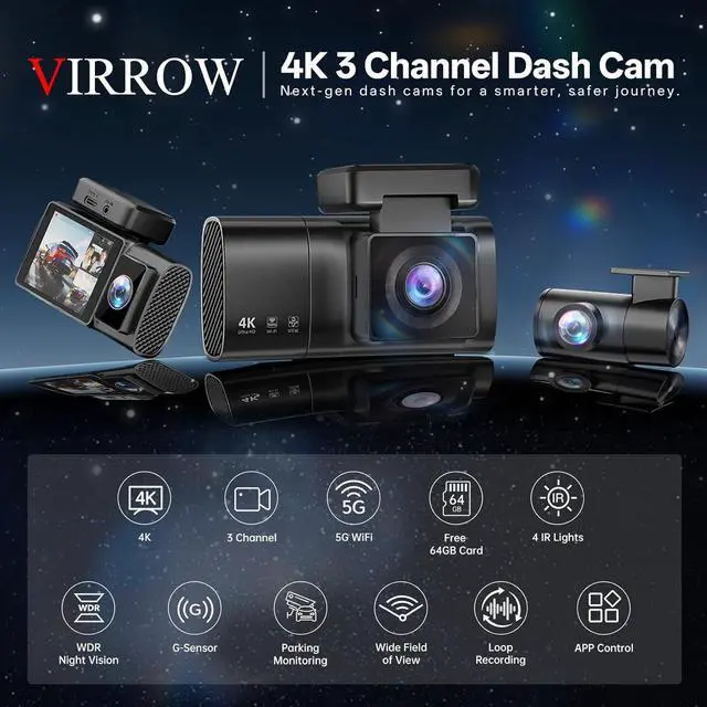 Alt view image 2 of 7 - Dash Cam Front Rear and Inside: 3 Channel 4K Dash Camera with 5GHz WiFi IR Night Vision - WDR Car Camera with Free 64GB Card - APP Control Dashcam with 24H Parking Mode G-Sensor Loop Recording(X7)