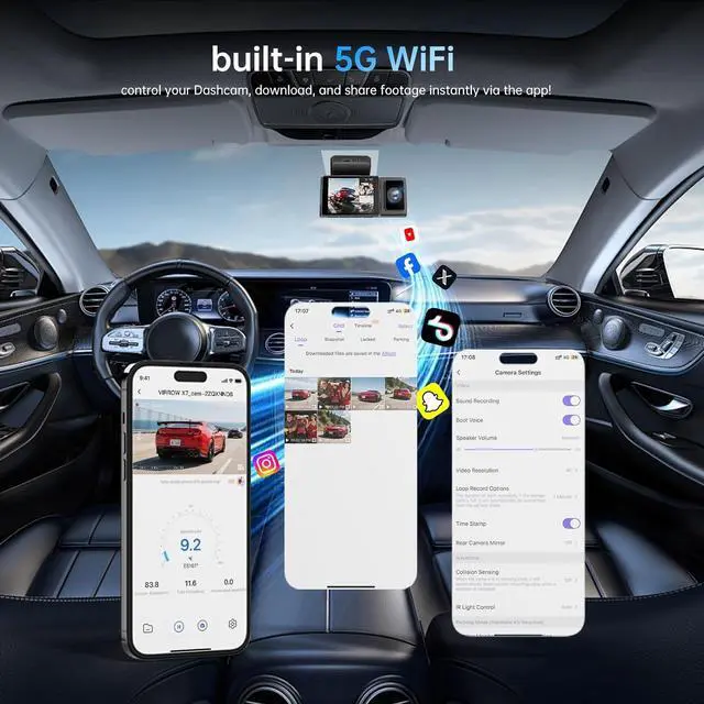 Alt view image 4 of 7 - Dash Cam Front Rear and Inside: 3 Channel 4K Dash Camera with 5GHz WiFi IR Night Vision - WDR Car Camera with Free 64GB Card - APP Control Dashcam with 24H Parking Mode G-Sensor Loop Recording(X7)