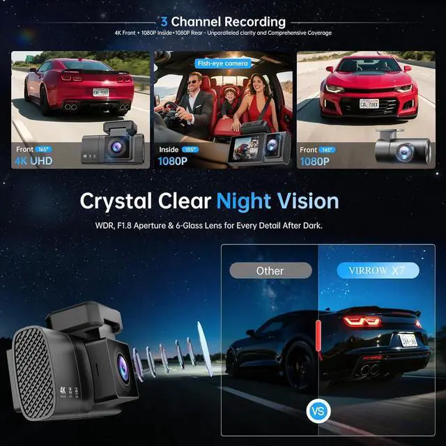 Alt view image 3 of 7 - Dash Cam Front Rear and Inside: 3 Channel 4K Dash Camera with 5GHz WiFi IR Night Vision - WDR Car Camera with Free 64GB Card - APP Control Dashcam with 24H Parking Mode G-Sensor Loop Recording(X7)