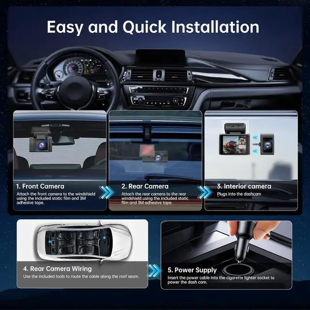 Alt view image 6 of 7 - Dash Cam Front Rear and Inside: 3 Channel 4K Dash Camera with 5GHz WiFi IR Night Vision - WDR Car Camera with Free 64GB Card - APP Control Dashcam with 24H Parking Mode G-Sensor Loop Recording(X7)